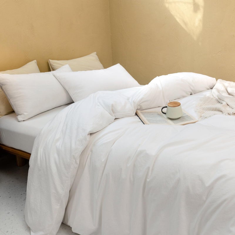 FOSSA White Duvet Cover Set, 100% Washed Cotton Linen Feel Super Soft Breathable Cozy 3 Pieces Bedding Sets Solid Off White King - Image 4